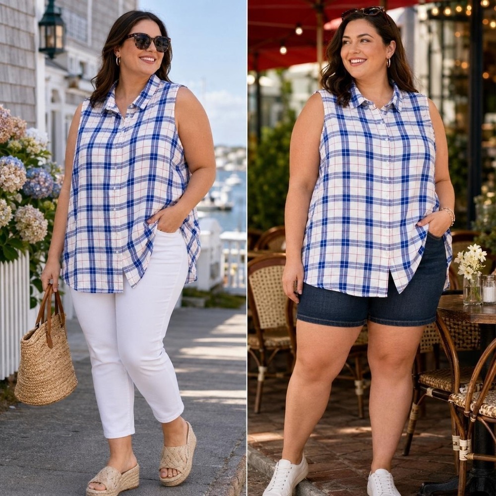 Max Jeans Plaid Sleeveless Tunic Blouse 1X Blue White Pink Coastal Preppy Summer